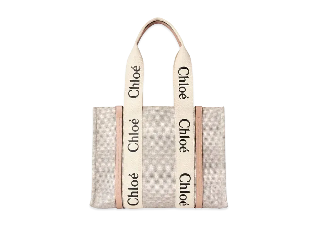 Chloe Medium Woody Tote Bag In Cotton Canvas & Shiny Calfskin With Woody Ribbon "Beige"