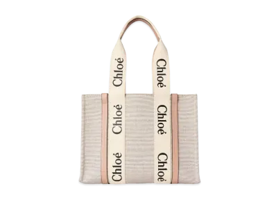 Chloe Medium Woody Tote Bag In Cotton Canvas & Shiny Calfskin With Woody Ribbon "Beige"