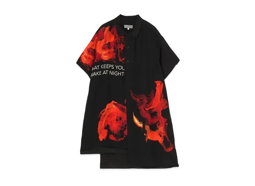 Yohji Yamamoto Pour Homme SILK SATIN ORIGINAL PRINT LEFT BODY DOUBLE TAILORING ALOHA SHIRT "Black"