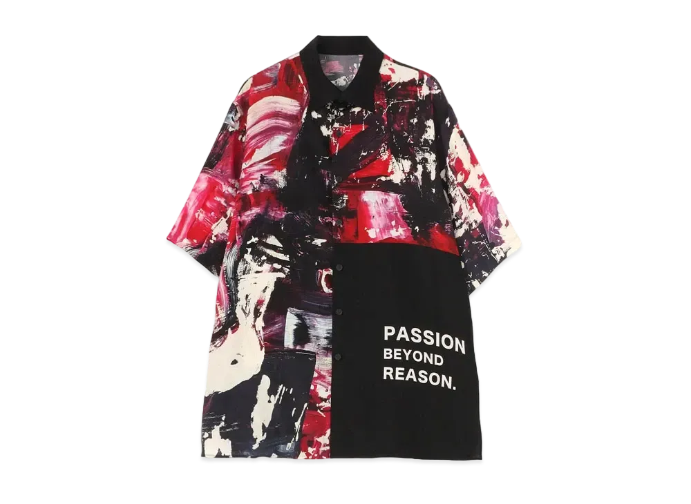 Yohji Yamamoto Pour Homme YUUKA ASAKURA SILK SATIN RED PAINTED PATTERN ALOHA SHIRT "Black"