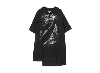 Yohji Yamamoto Pour Homme YUUKA ASAKURA SILK SATIN PRINT RIGHT BUTTON SWITCHING HALF SLEEVES ALOHA SHIRT "Black"