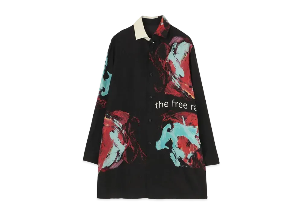Yohji Yamamoto Pour Homme SILK SATIN ORIGINAL PRINT SPARE COLLAR ALOHA SHIRT "Black"