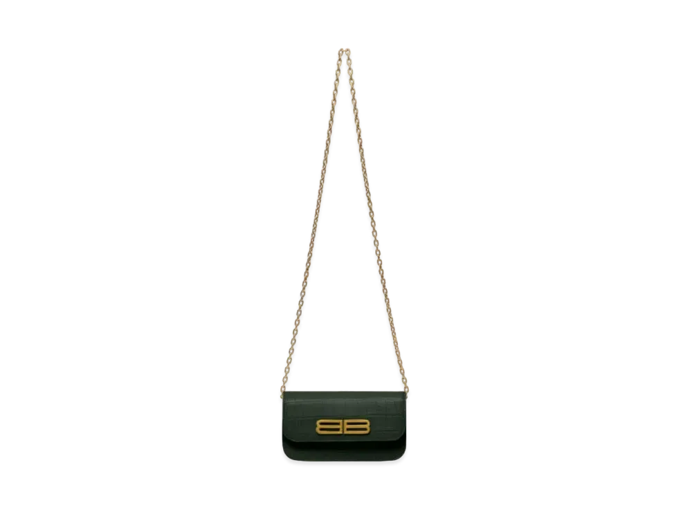 BALENCIAGA Gossip Wallet On Chain In Extra Supple Crocodile Embossed Calfskin "Green"