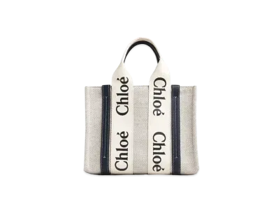 Chloe Small Woody Tote Bag In Cotton Canvas & Shiny Calfskin With Woody Ribbon "Black"