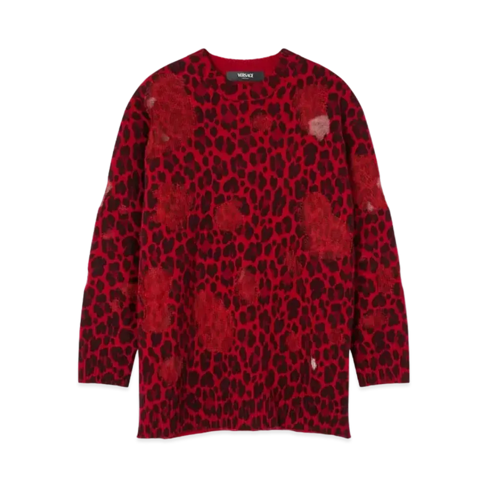 Versace Leopard Intarsia Oversized Sweater "Red"