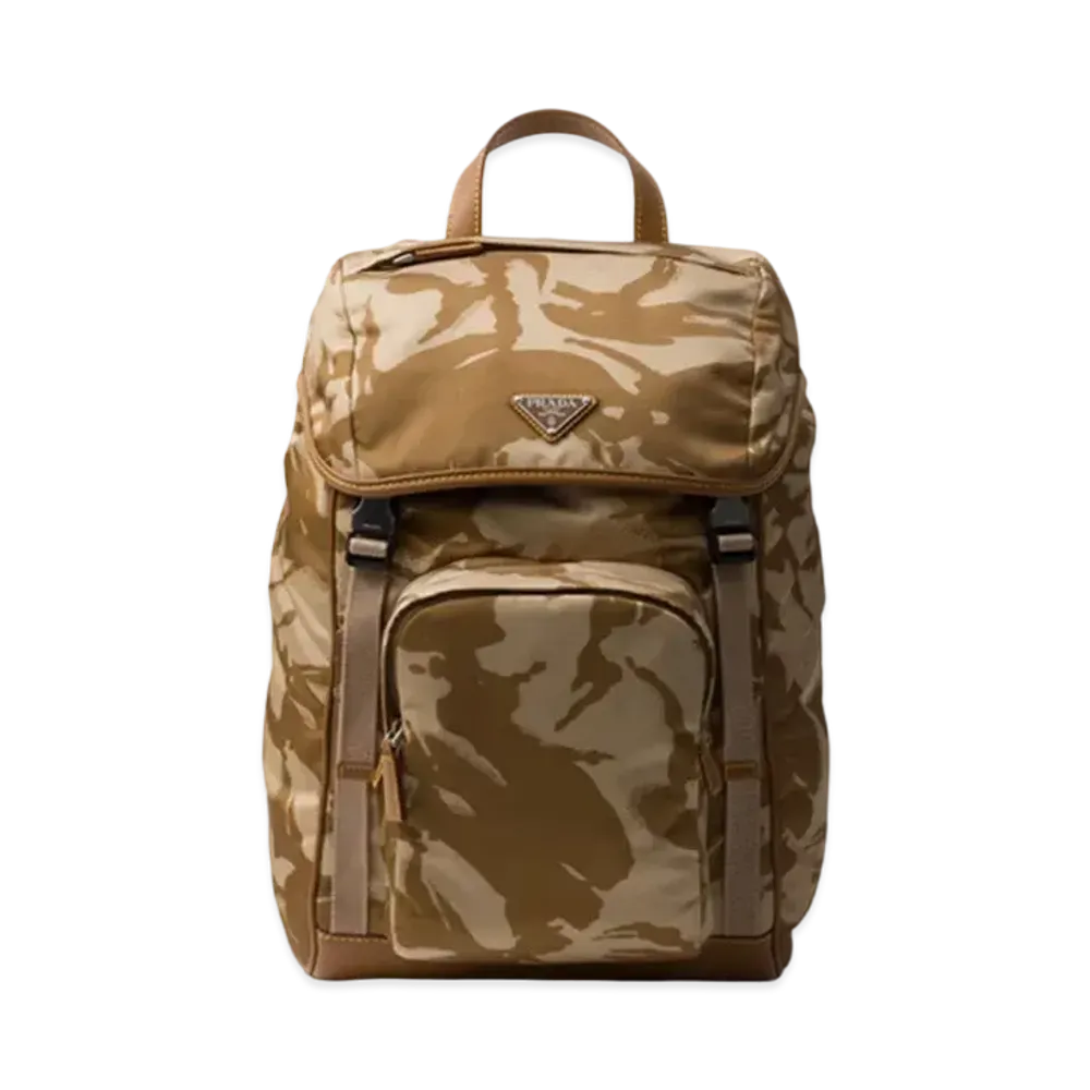 PRADA Printed Re-Nylon and Leather Backpack "Khaki"