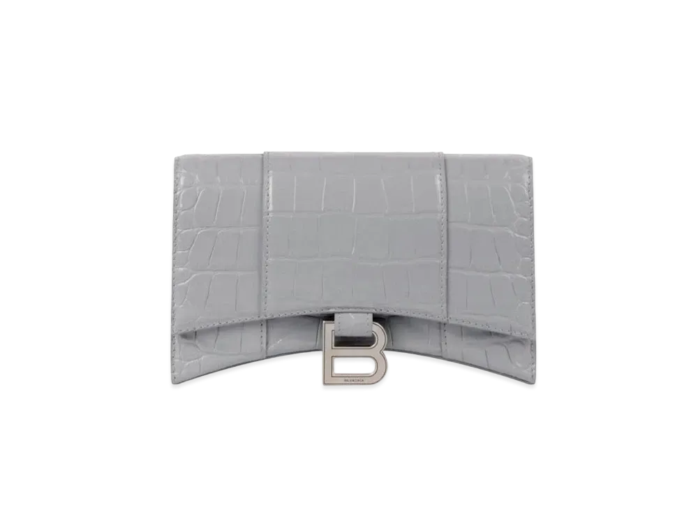 BALENCIAGA Hourglass Wallet With Chain Crocodile Embossed "Gray"