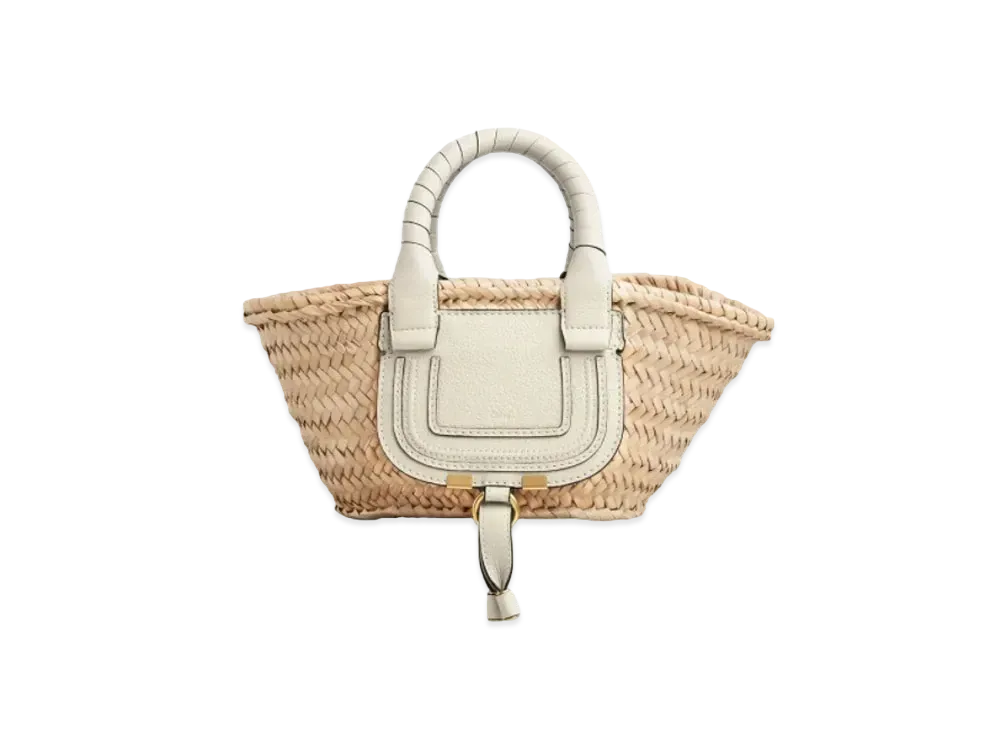 Chloe Mini Marcie Basket Bag In Hand Braided Raffia & Small Grain Calfskin "White"