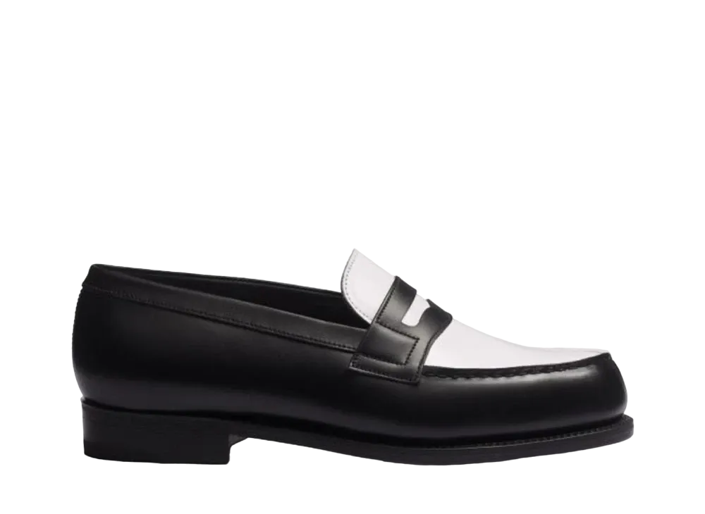 J.M.Weston Women's Signature Loafer #180 D Box Calf "Black/White" 1282GNY1801F Single Leather Sole