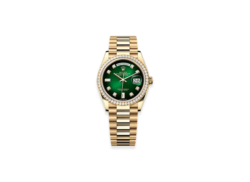 ROLEX Day-Date 36mm Yellow Gold Diamond 128348RBR "Green Ombre"