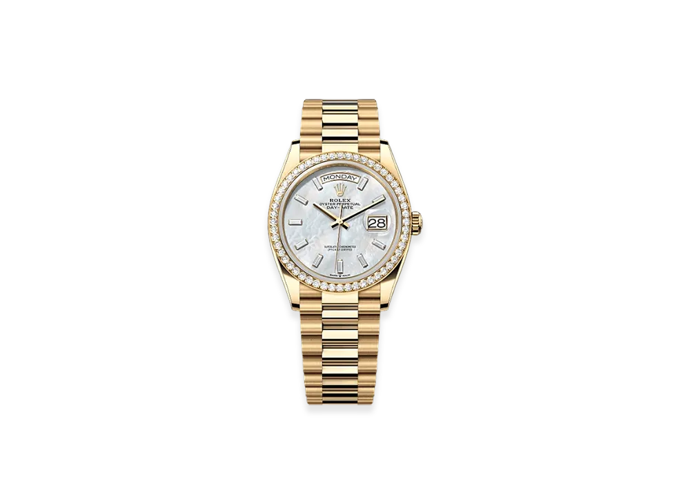 ROLEX Day-Date 36mm Yellow Gold Diamond 128348RBR "White Mother-of-Pearl"