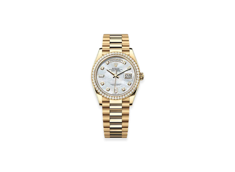 ROLEX Day-Date 36mm Yellow Gold Diamond 128348RBR "White Mother-of-Pearl"
