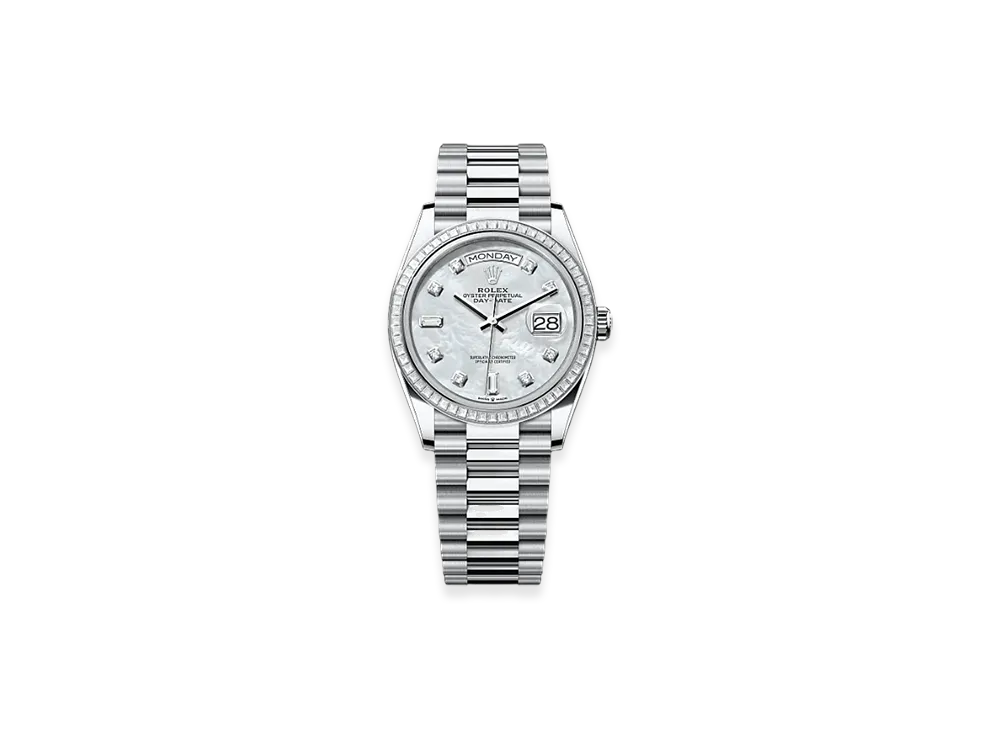 ROLEX Day-Date 36mm Platinum Diamond 128396TBR "White Mother-of-Pearl"
