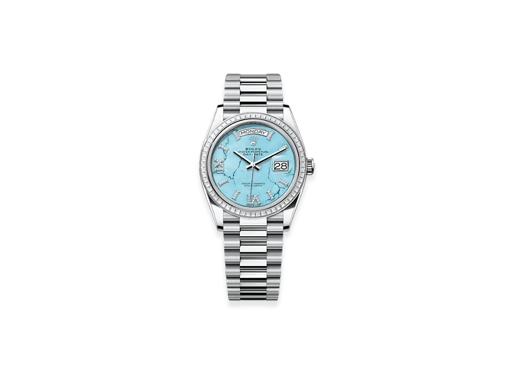 ROLEX Day-Date 36mm Platinum Diamond 128396TBR "Turquoise"