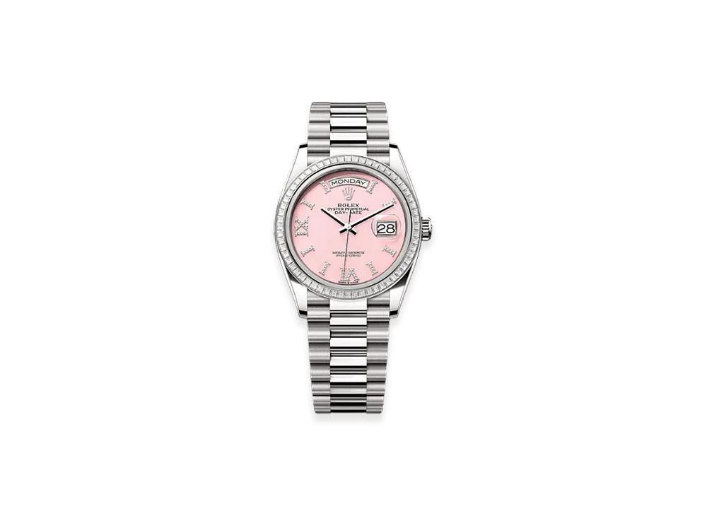 ROLEX Day-Date 36mm White Gold Diamond 128399TBR "Pink Opal"