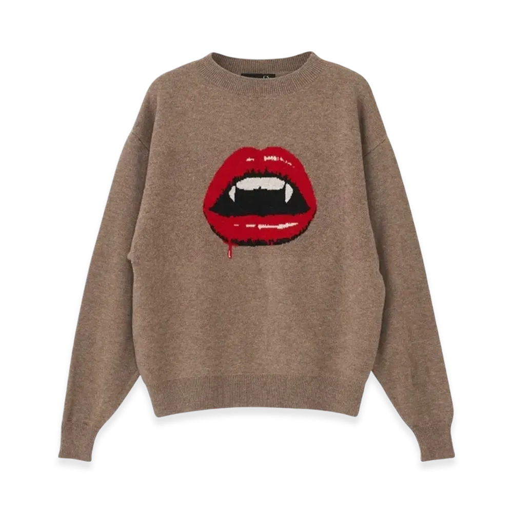 HYSTERIC GLAMOUR Fangs Lip Jacquard Sweater "Beige"