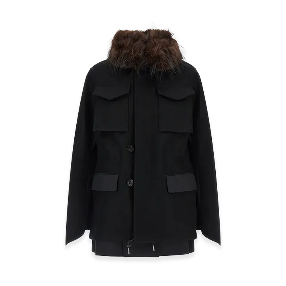 sacai Women's Wool Coat with Fur Insert "Black"