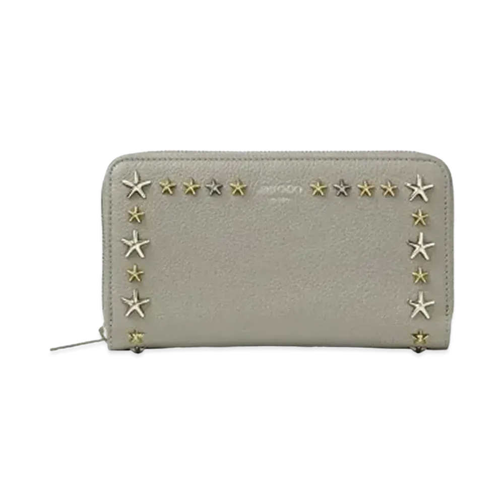 Jimmy Choo Pippa Soft Grainy Calf Leather Zipped Around Wallet With Star Studs "Moonstone"