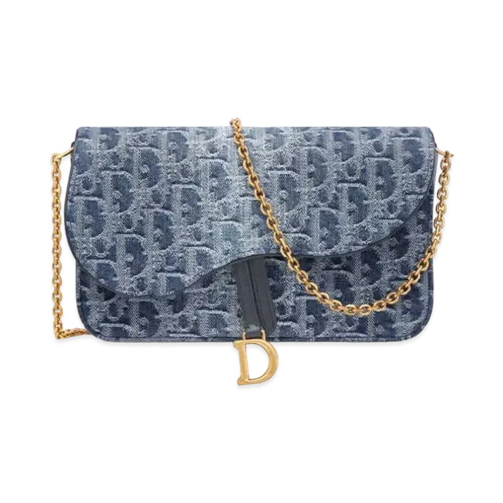 Dior Saddle Pouch with Chain Denim Dior Oblique Jacquard "Blue"