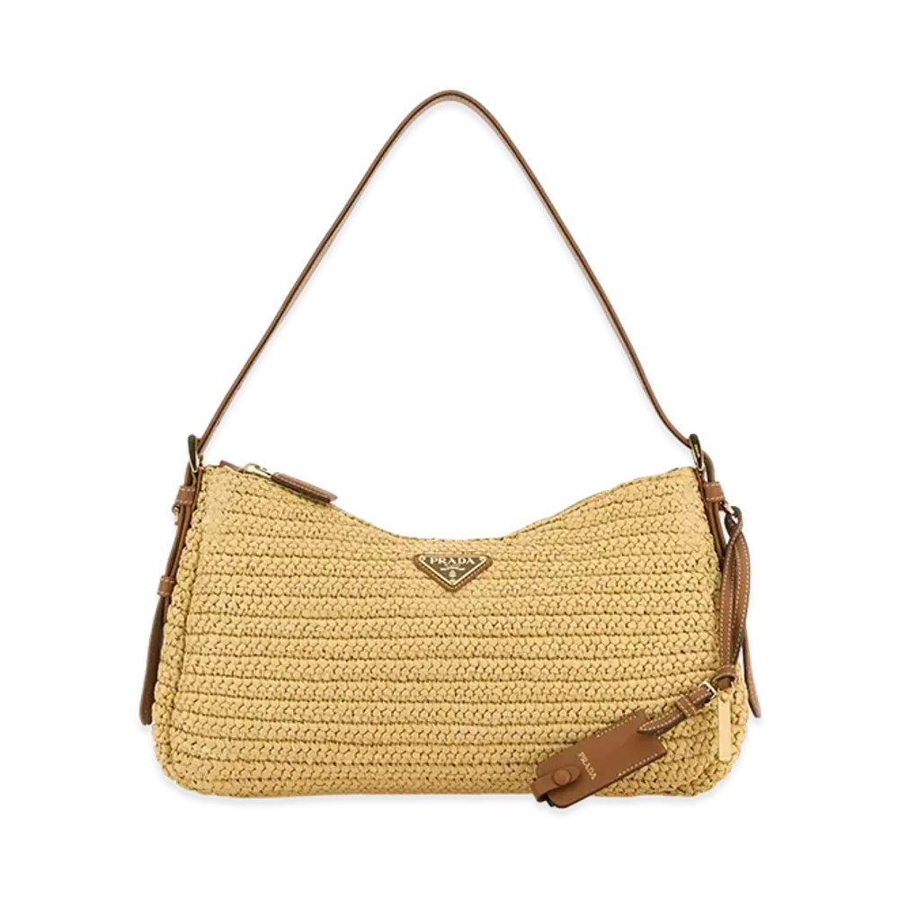 PRADA Women's Raffia Large Aimace Shoulder Bag "Beige"