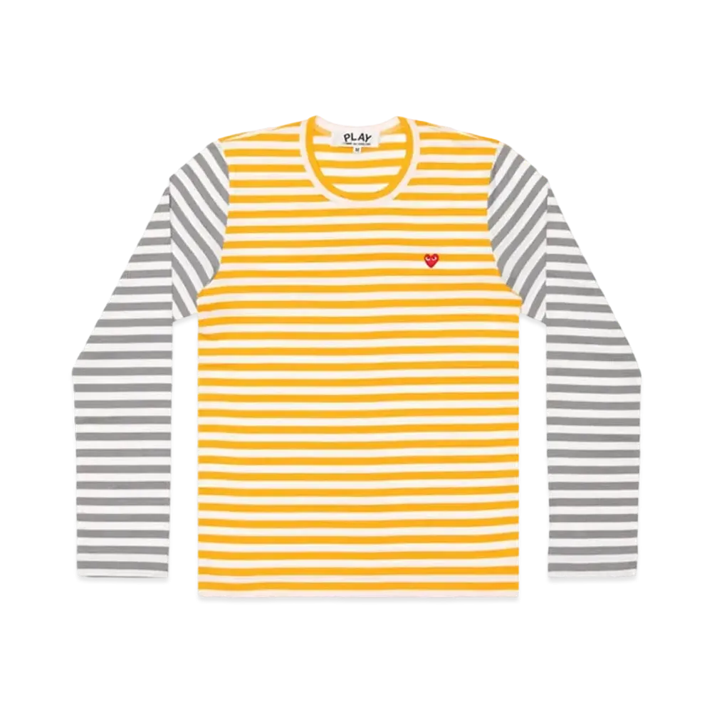 PLAY COMME des GARCONS Small Red Heart Striped L/S T-Shirt Mens "Yellow/Gray"