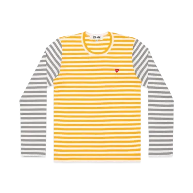 PLAY COMME des GARCONS Small Red Heart Striped L/S T-Shirt Mens "Yellow/Gray"