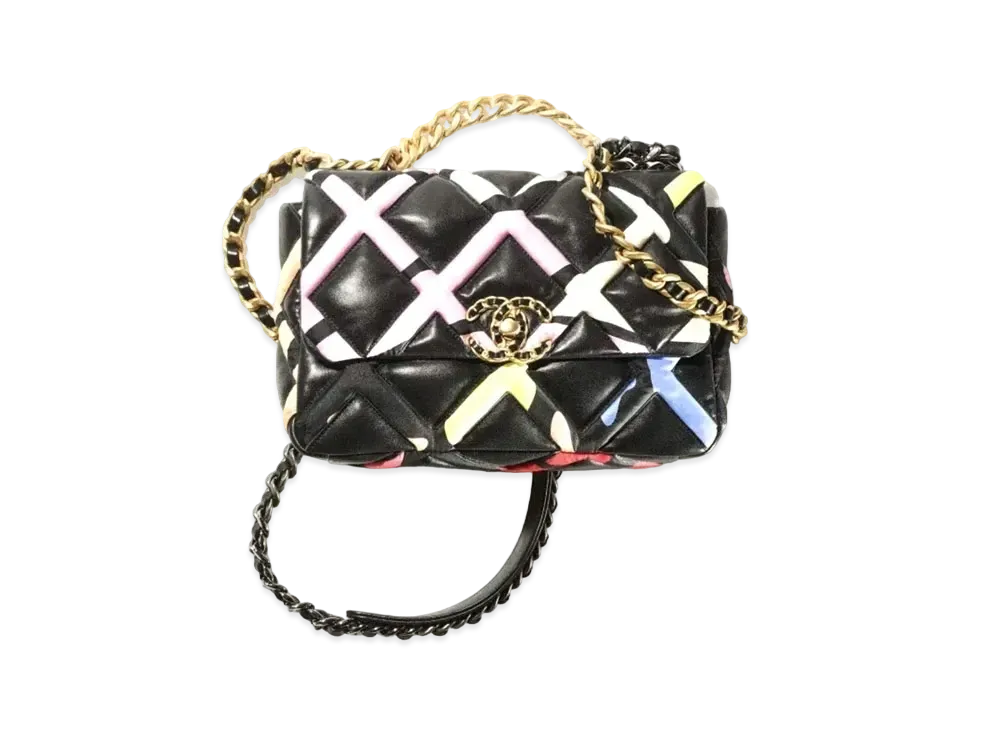 CHANEL 19 Hand Bag Lambskin & Print Fabric "Black/Multicolor"
