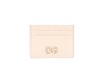 Dolce&Gabbana Credit Card Holder Dauphine Calfskin DG Rhinestone "Pink"