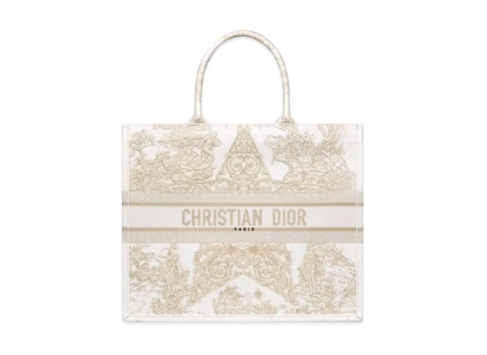Dior Book Tote Gold-Tone Dior Around the World Stella Embroidery "Natural"