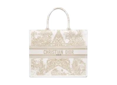 Dior Book Tote Gold-Tone Dior Around the World Stella Embroidery "Natural"