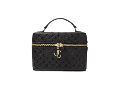 JIMMY CHOO VANITY CASE W/CHAIN JC Monogram Pattern Vanity Case With Light Gold JC Logo "Black"