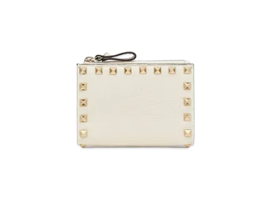 Valentino Rockstud Grainy Calfskin Keychain "Light Ivory"
