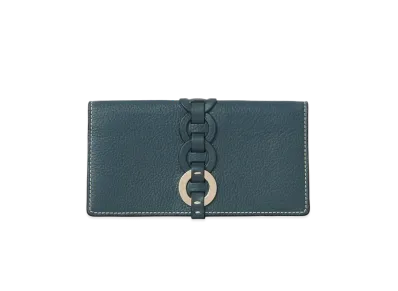Chloe Darryl Long Wallet With Flap In Grained & Shiny Calfskin "Steel Blue"