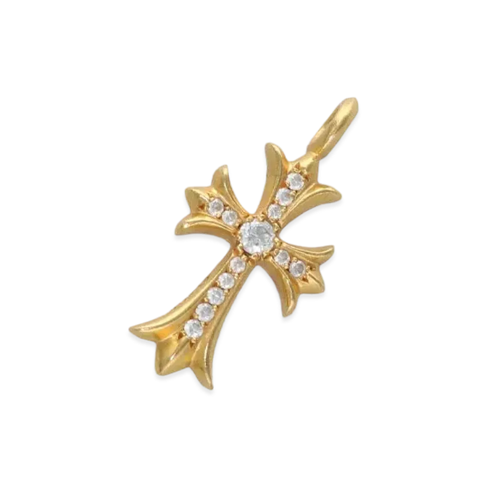 Chrome Hearts 22K Tiny Fat Cross Pave Diamond Pendant Necklace Top "Yellow Gold"