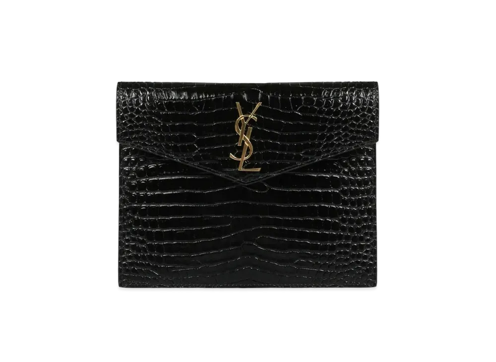 SAINT LAURENT Uptown Baby Pouch In Shiny Crocodile-Embossed Leather "Black"