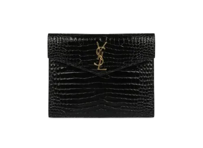 SAINT LAURENT Uptown Baby Pouch In Shiny Crocodile-Embossed Leather "Black"