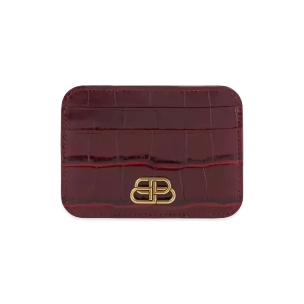 BALENCIAGA BB Shiny Crocodile Embossed Card Holder "Deep Red"