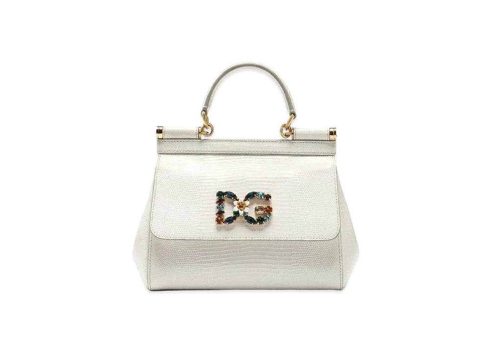 Dolce&Gabbana Sicily Bag Small Calfskin Igana Print Logo Patch DG Crystal "White"
