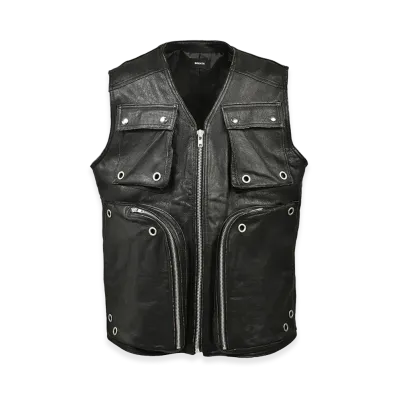 BREATH Grunge Leather Cargo Vest "Black"