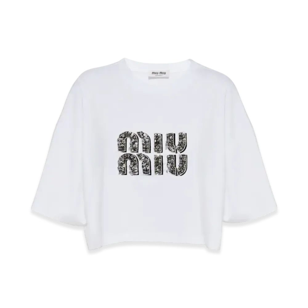 MIU MIU Women's Cropped Embroidered Cotton T-Shirt "White/Crystal"