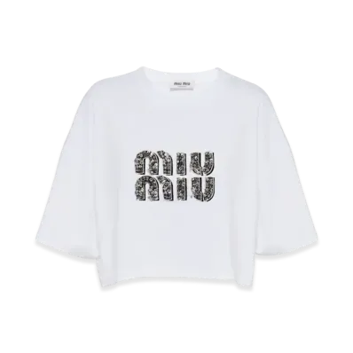 MIU MIU Women's Cropped Embroidered Cotton T-Shirt "White/Crystal"