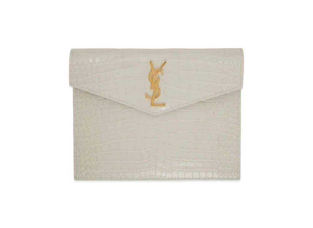 SAINT LAURENT Uptown Baby Pouch In Shiny Crocodile-Embossed Leather "Vintage White"