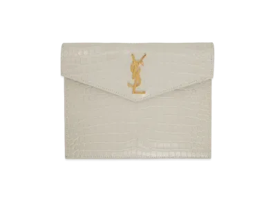 SAINT LAURENT Uptown Baby Pouch In Shiny Crocodile-Embossed Leather "Vintage White"