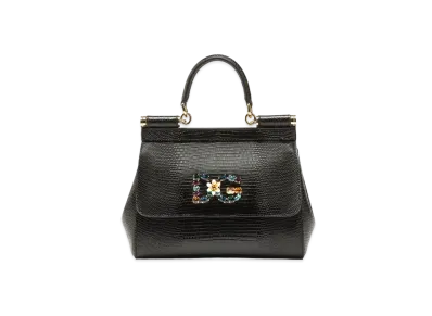 Dolce&Gabbana Sicily Bag Small Calfskin Igana Print Logo Patch DG Crystal "Black"