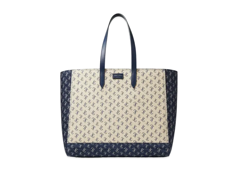 Jimmy Choo Laylin Tote JC Monogram Jacquard Tote Bag "Navy/Sand Dune"