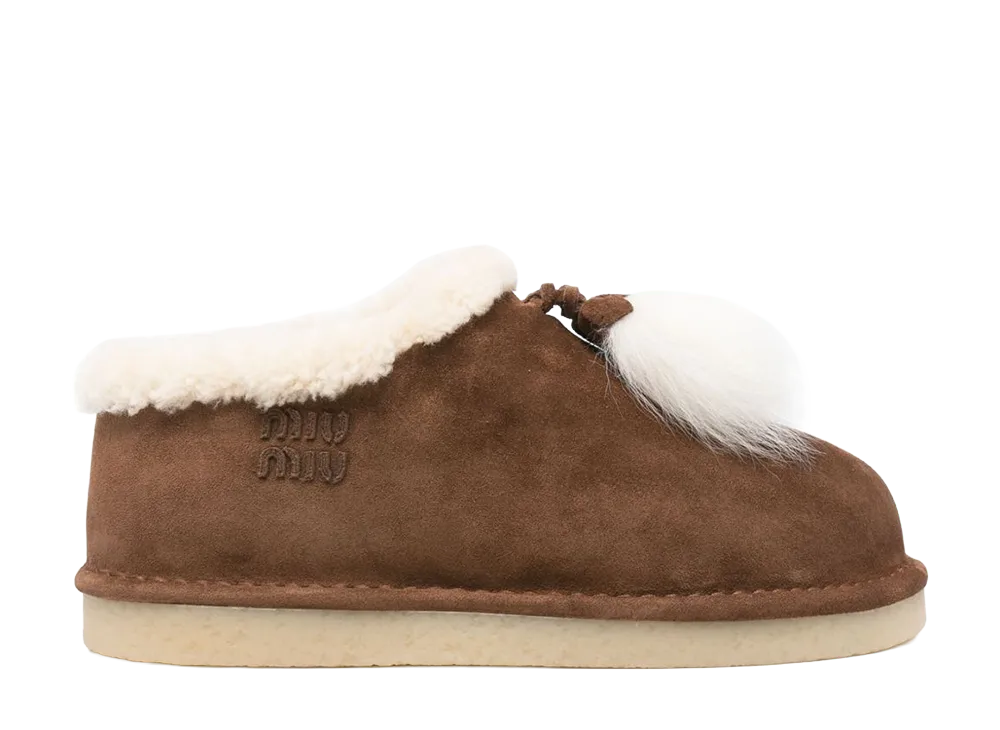 MIU MIU Women's Suede Shearling Mule Tassel "Brown"