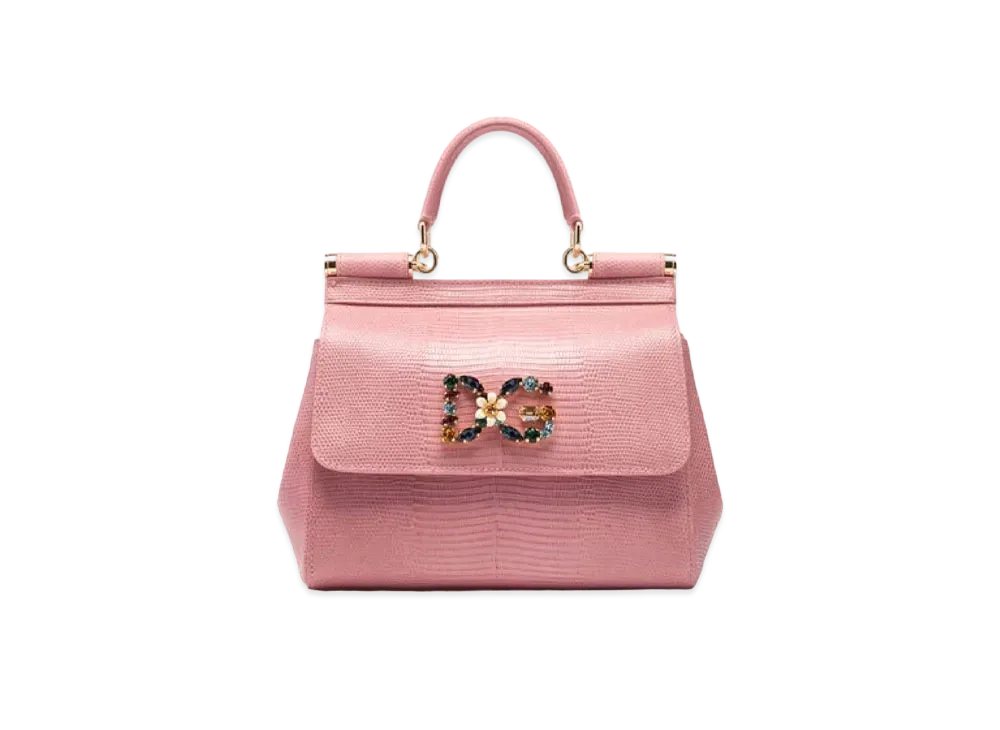 Dolce&Gabbana Sicily Handbag Small Calfskin Igana Print DG Logo Crystal "Pink"