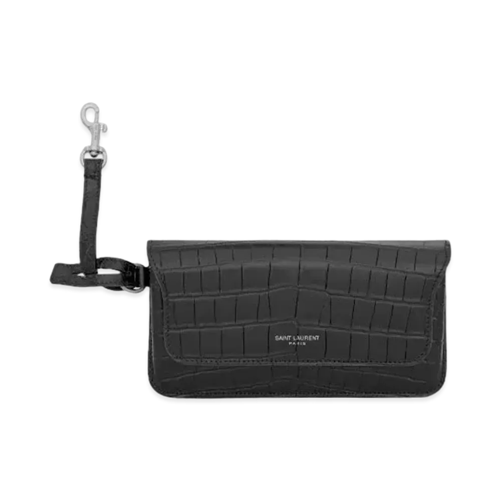 SAINT LAURENT Saint Laurent Paris Sunglasses Case In Crocodile-Embossed Matte And Goya Leather "Black"