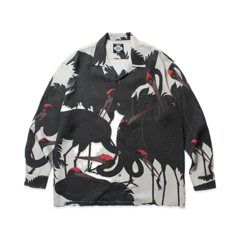 APHRODITEGANG Gakkin x Budspool Red Eyed Crane L/S Hawaiian Shirt "Black"