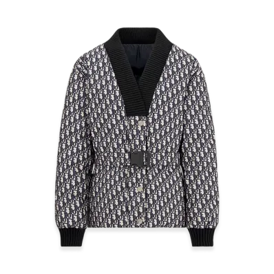 Dior Women's Dioralps Reversible Belted Jacket Quilted Technical Taffeta Jacquard Oblique Motif "Blue"
